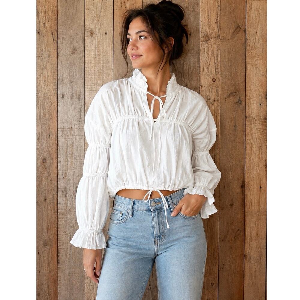 Thread Story White Cotton Peasant Tie Front Puff Sleeve Crop Blouse Size Large